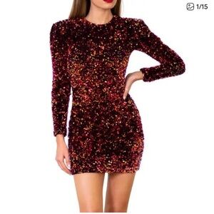 Elegant Sequin Long Sleeve Dress - Burgundy and Gold